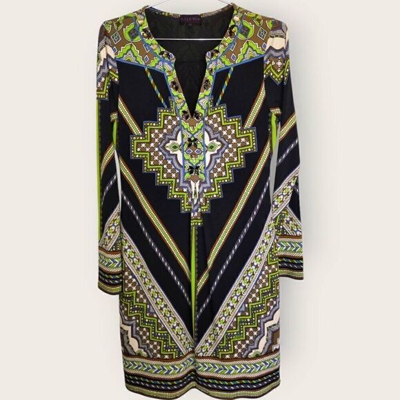 Hale Bob Womens Dress Sz Small Black Green Jersey Shift Whimsicore‎ Cottagecore - Picture 1 of 10